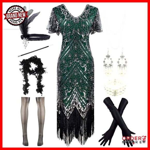 Dresses & Skirts - Sequin Mermaid Formal Long Flapper Gown Evening Dress with Accessories Set